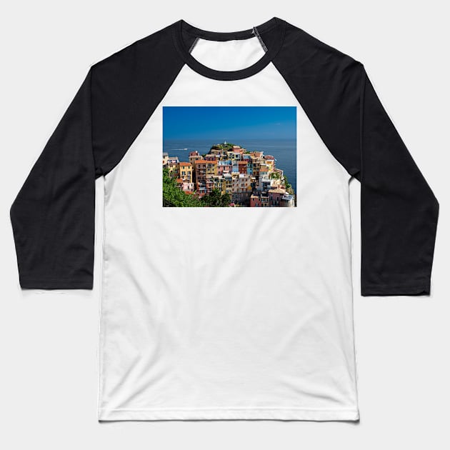 View on the cliff town of Manarola, one of the colorful Cinque Terre on the Italian west coast Baseball T-Shirt by Dolfilms